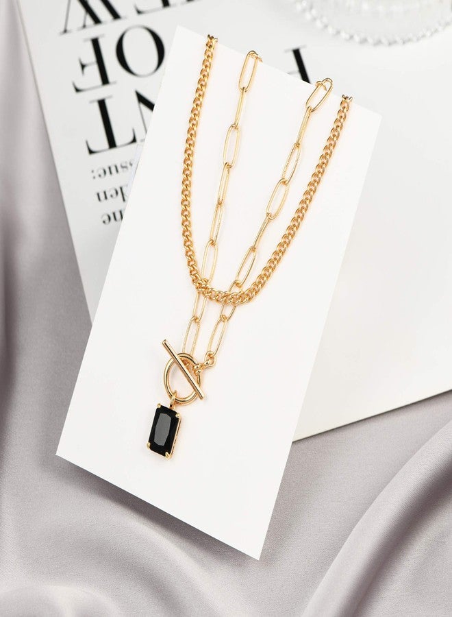 Yoosteel Gold Layered Necklaces for Women, 14K Gold Plated Cuban Link Chain Choker Necklaces Toggle Necklace Dainty Black Crystal Square Pendant Necklace Boho Style Jewelry Gold Layered Necklaces for Women - Image 4